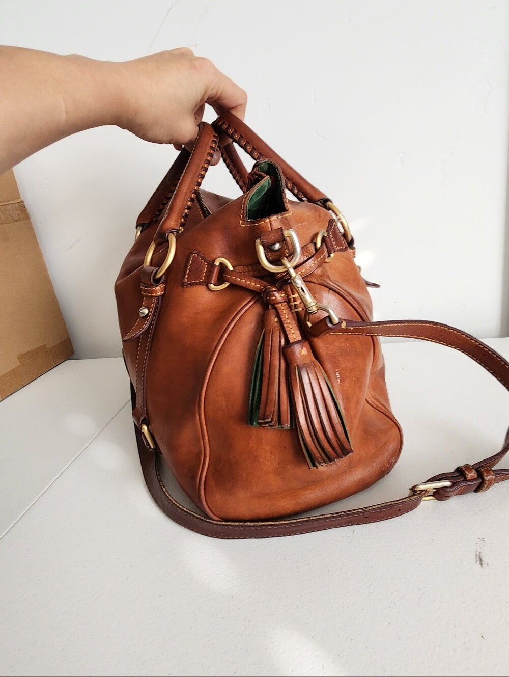 Dooney & Bourke Tan Brown Leather Satchel with Gold Hardware - Picture 2 of 6